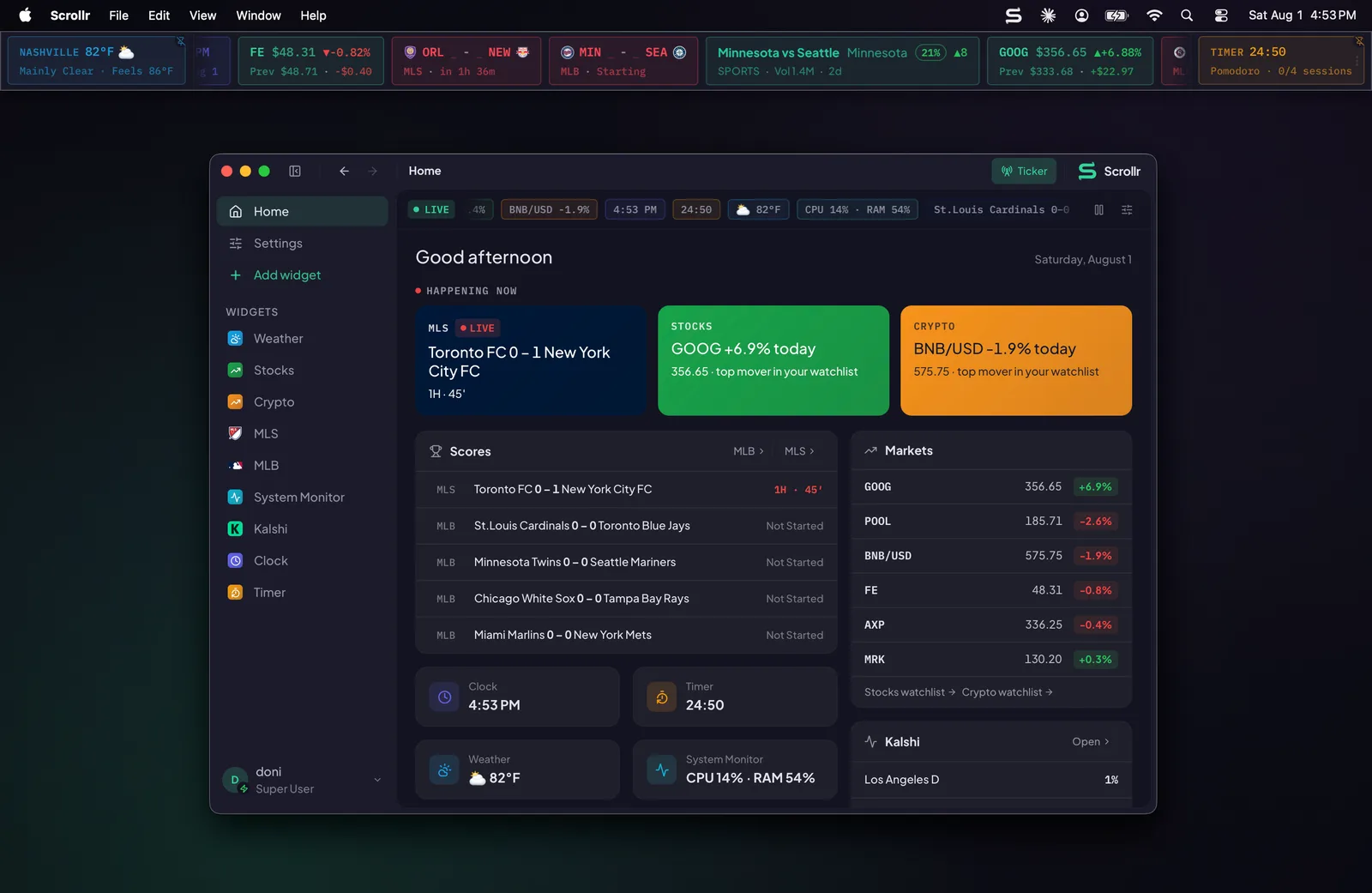 Scrollr on a real macOS desktop: the live ticker pinned along the top of the screen showing MLB finals, weather, and a timer, with the Home window showing live scores, markets, and Kalshi